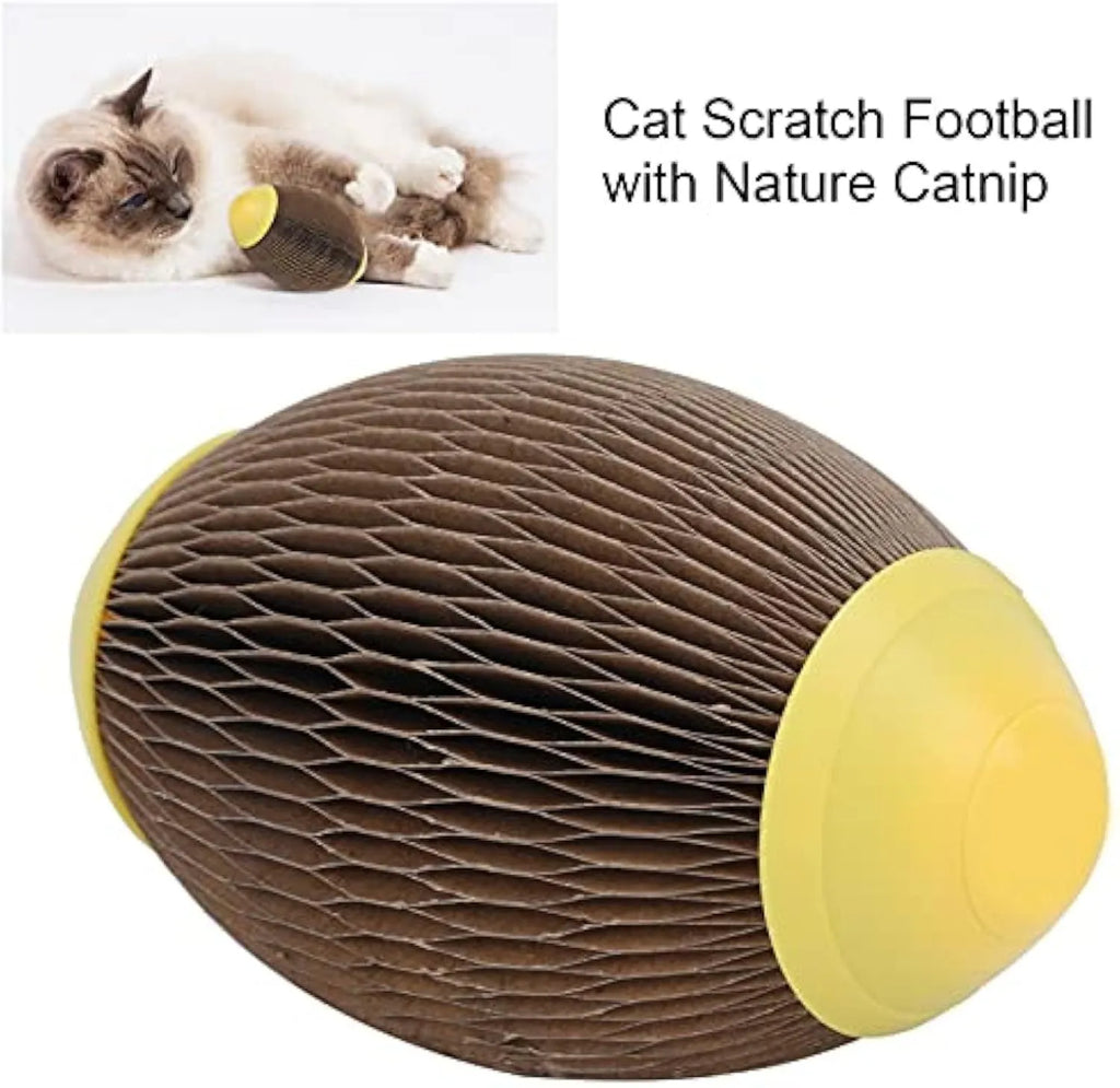 Ellipse-shaped corrugated paper catnip ball toy with scratch surface for cats.