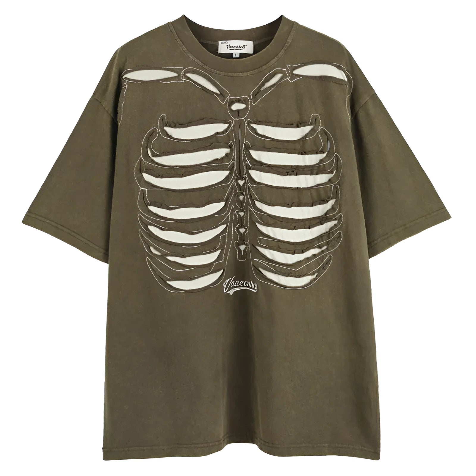Black cotton T-shirt with a large white skull and letter graphic print, showing loose fit and drop-shoulder sleeves.
