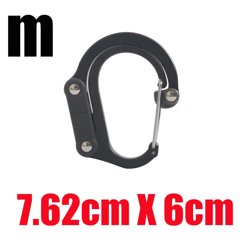 Hybrid gear clip carabiner with rotating foldable hook in black, blue, golden, and red