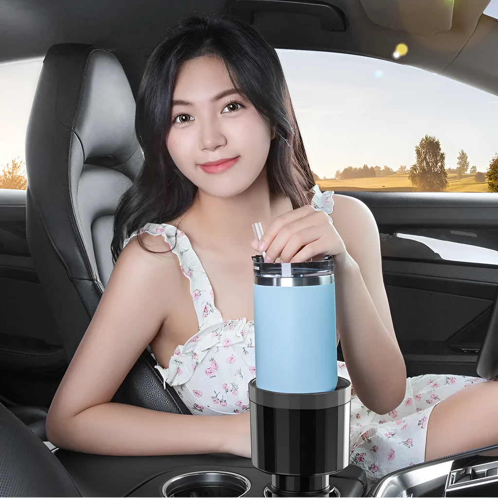 Matte black car cup holder expander with adjustable base for oversized drink containers