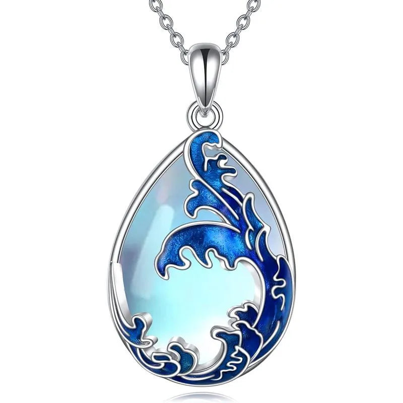 Moonstone blue heart-shaped pendant necklace on display