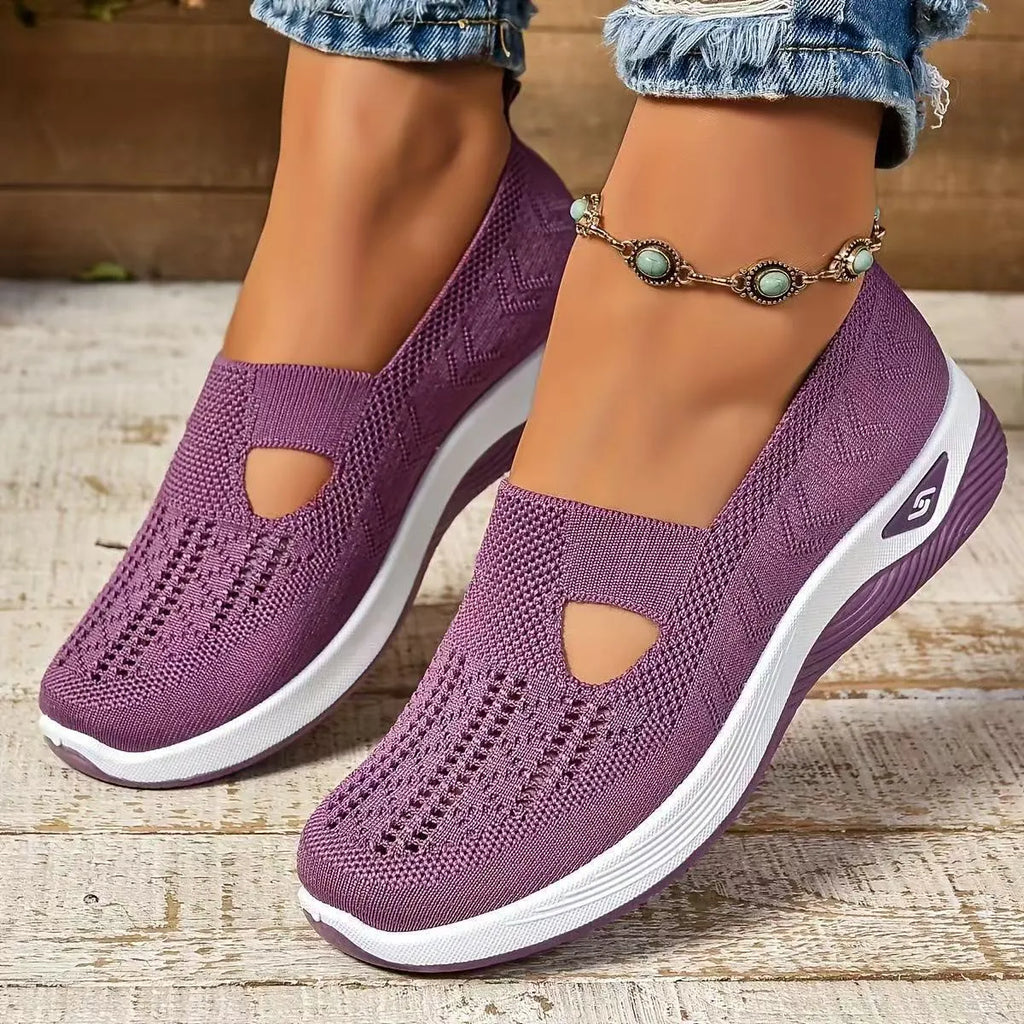 Women's casual T-strap mesh shoes with a round toe and flat heel in multiple colours.