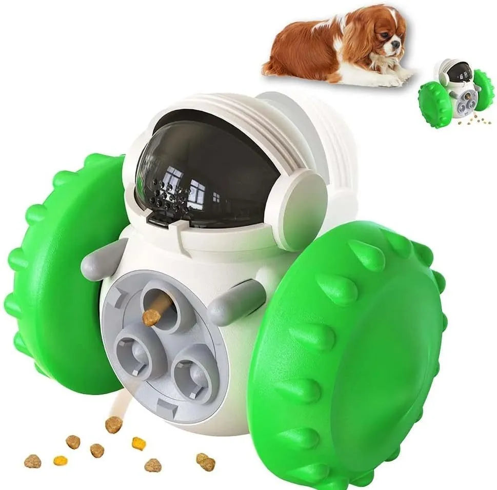 Robot-like self-balancing dog treat dispenser toy for small pets.