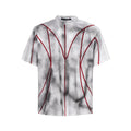 Women's grey padded shoulder t-shirt with 3D line patchwork design on front, short sleeves, round neck.