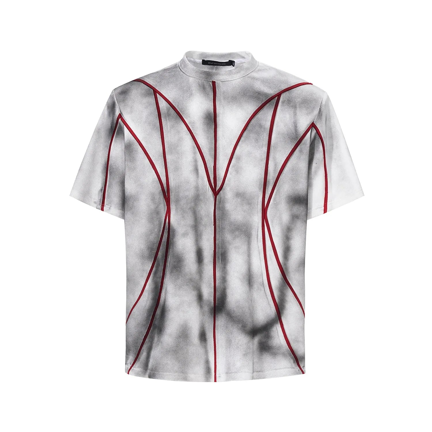 Women's grey padded shoulder t-shirt with 3D line patchwork design on front, short sleeves, round neck.