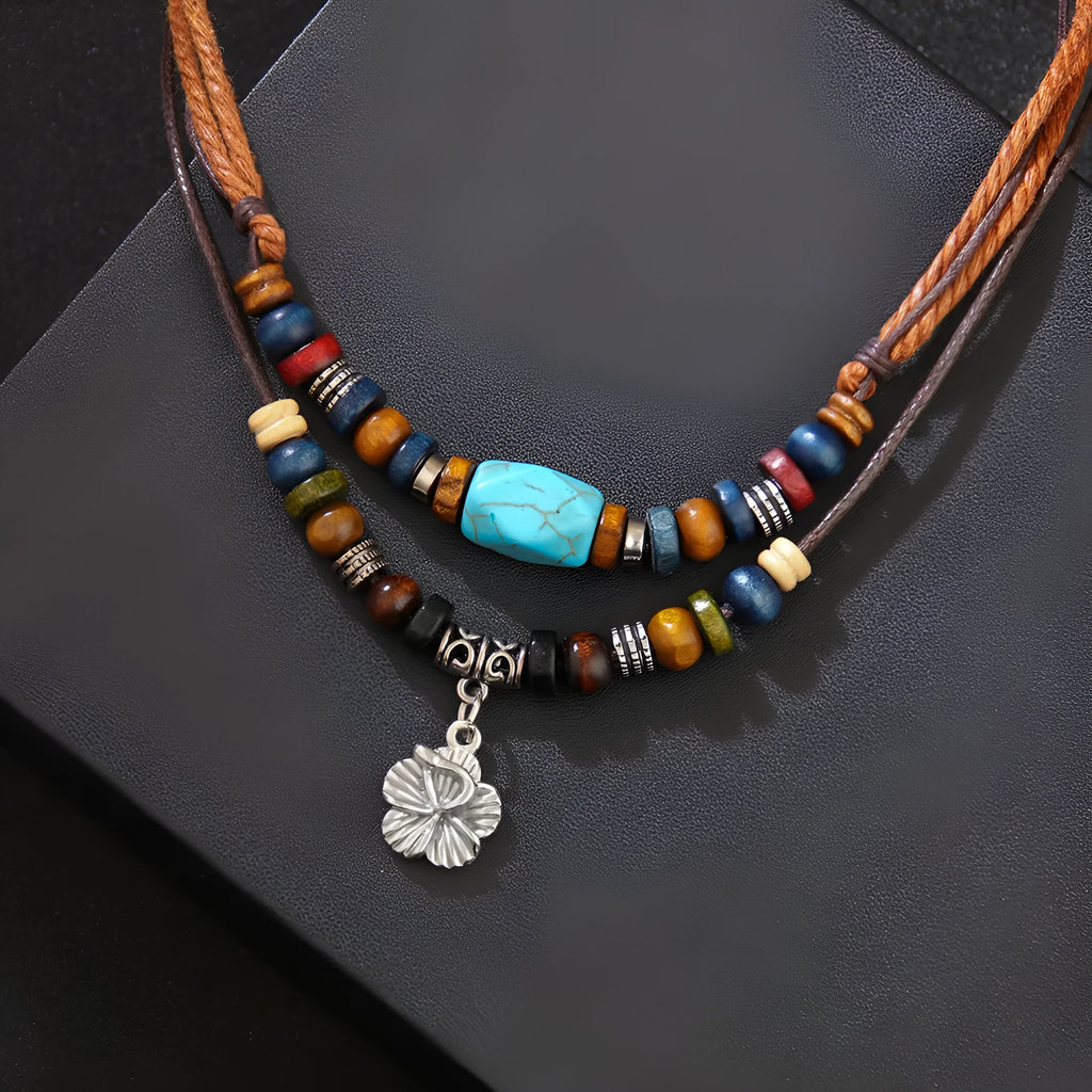 Wooden bead necklace for men with turquoise geometric alloy pendant, wax rope chain and flower element, colour QNN1108