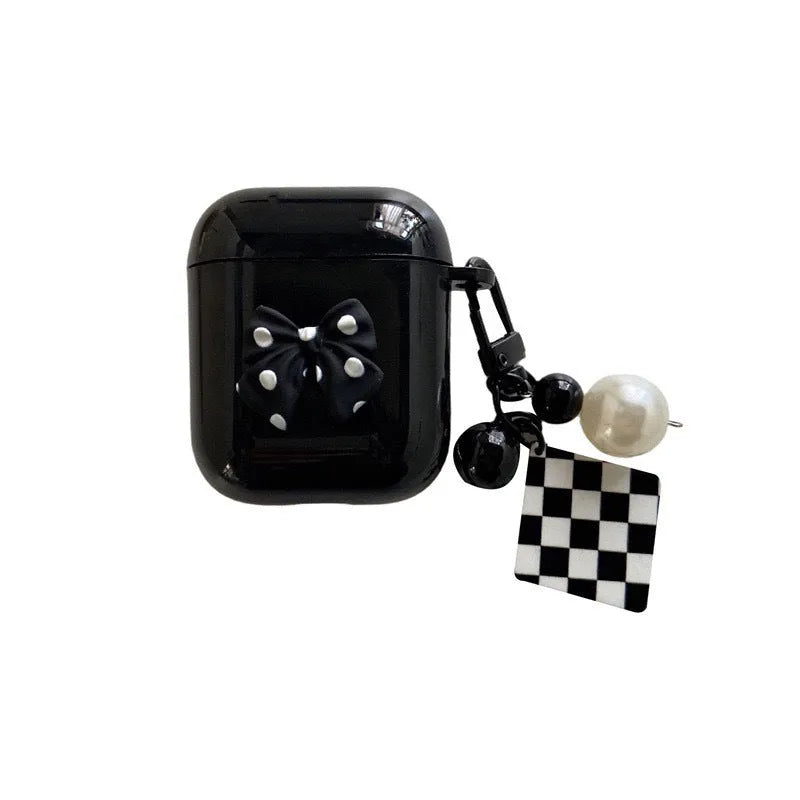 3D bow pearl checkerboard AirPods case cover in black or apricot TPU, handmade clamshell sleeve