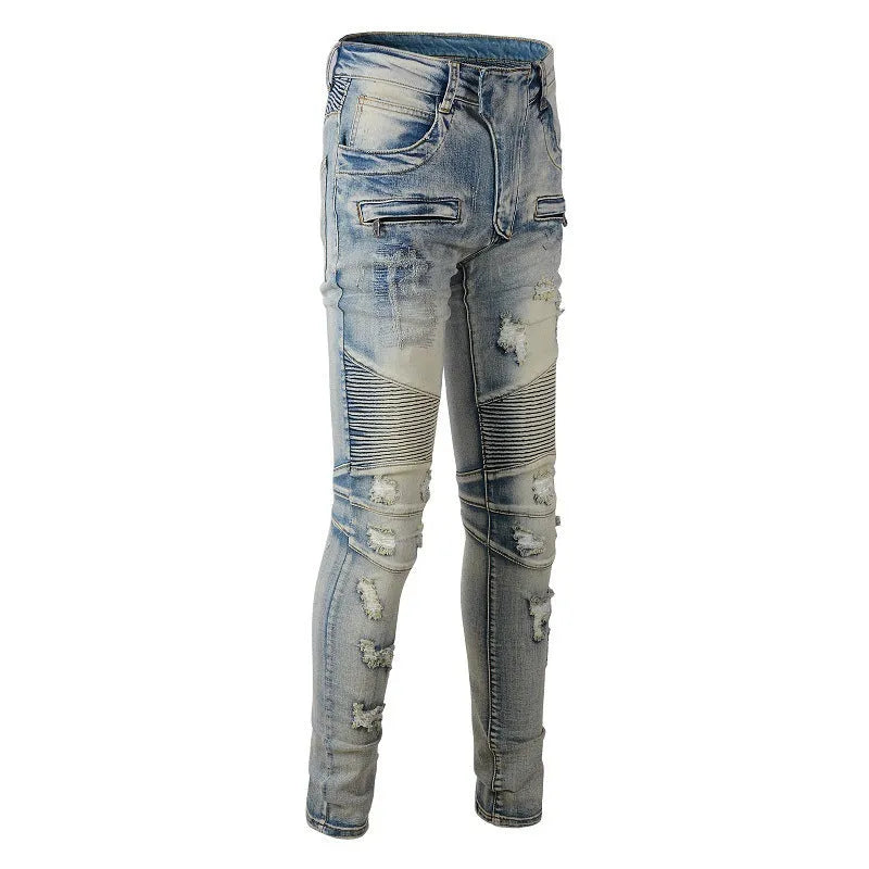 Light blue men's slim fit distressed jeans with hand-frayed detailing and stretch denim
