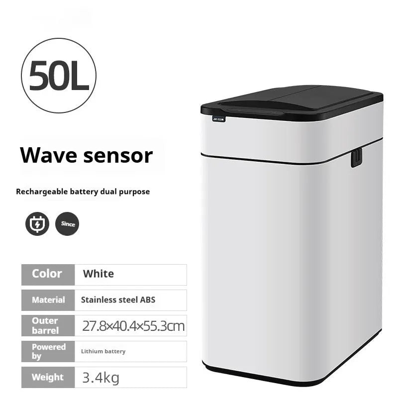 Stainless steel inductive smart trash can with deodoriser in a square shape, shown in a kitchen setting.