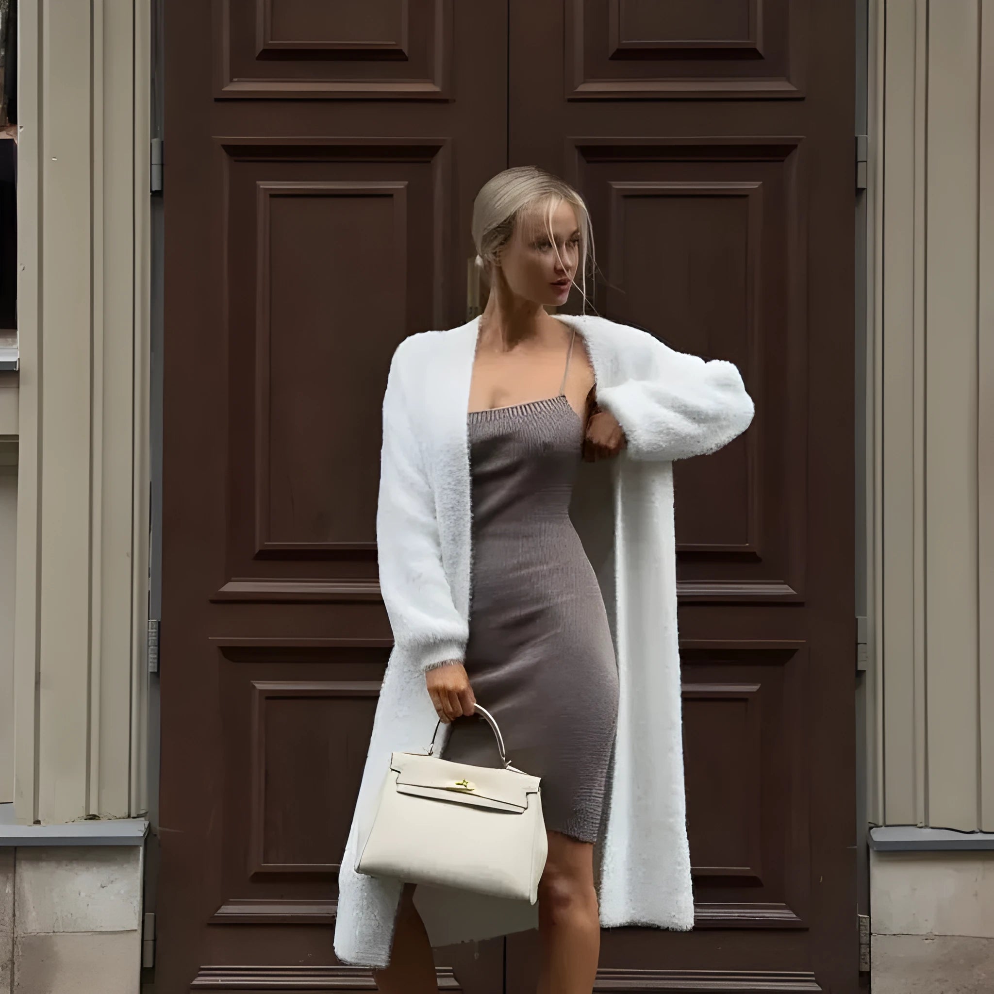 White loose-fit knitted cardigan jacket with long sleeves on a hanger.
