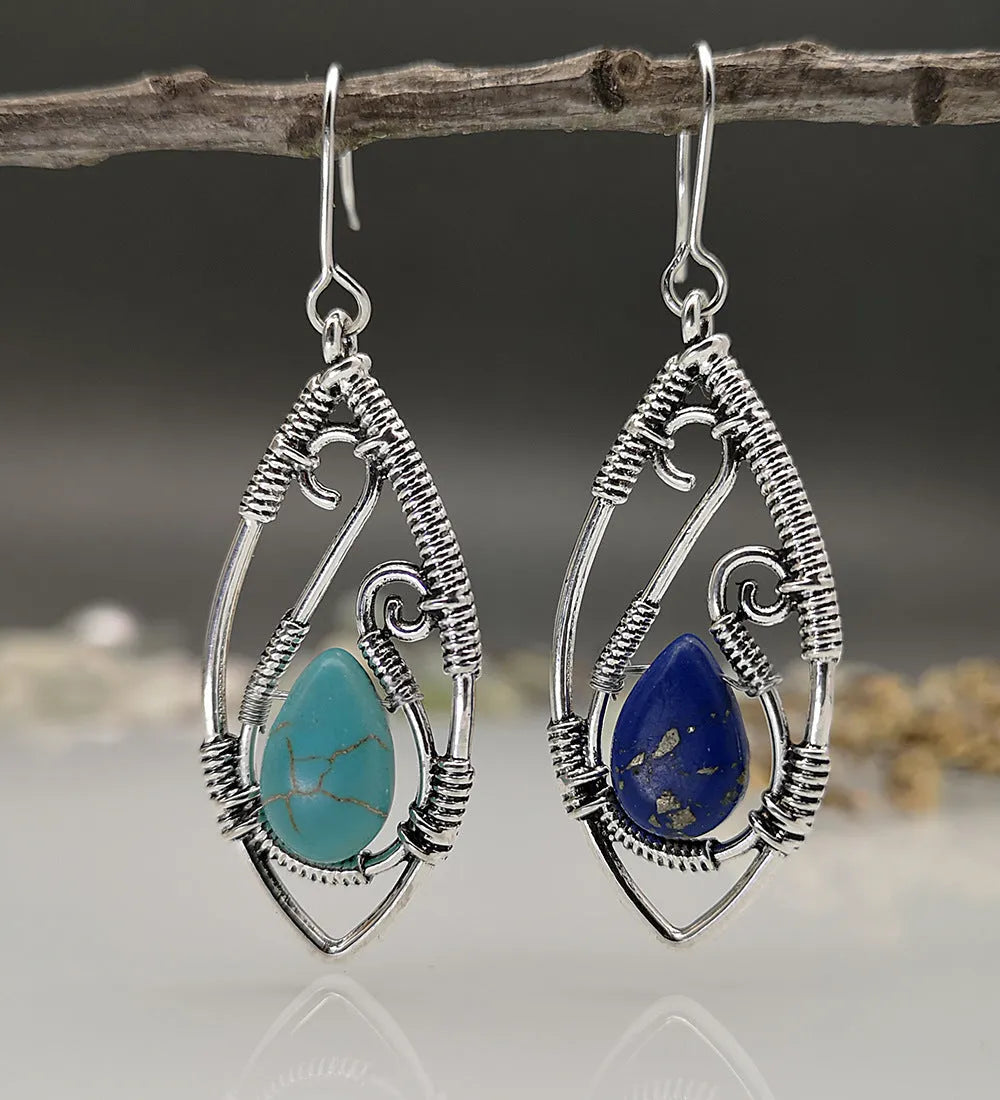 Retro geometric ellipse earrings in antique silver turquoise with lapis string winding, one pair
