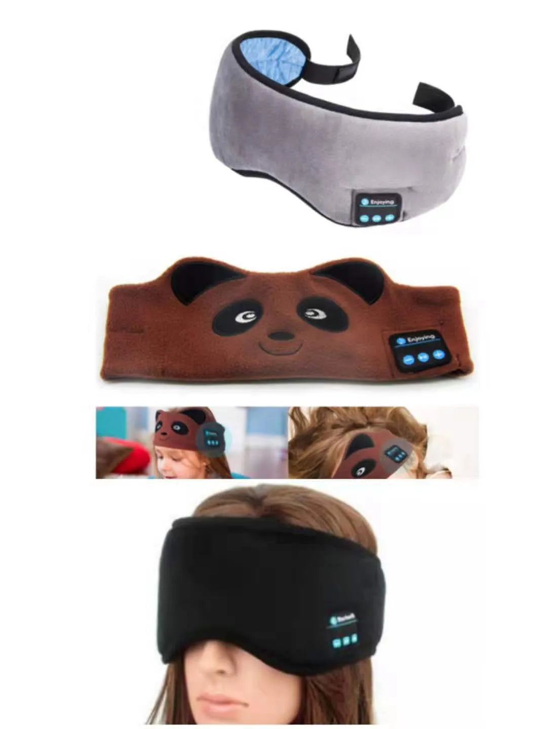 Black Bluetooth sleep mask with integrated earphones for wireless music playback and blackout design