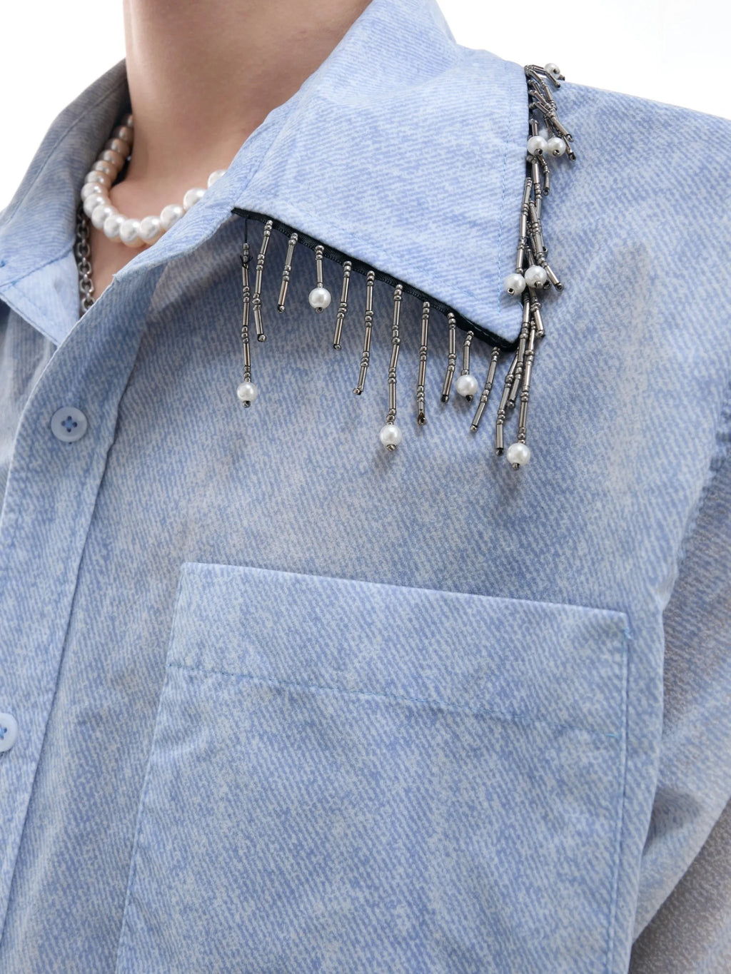 Men's loose fit blue gradient short sleeve casual shirt on a hanger