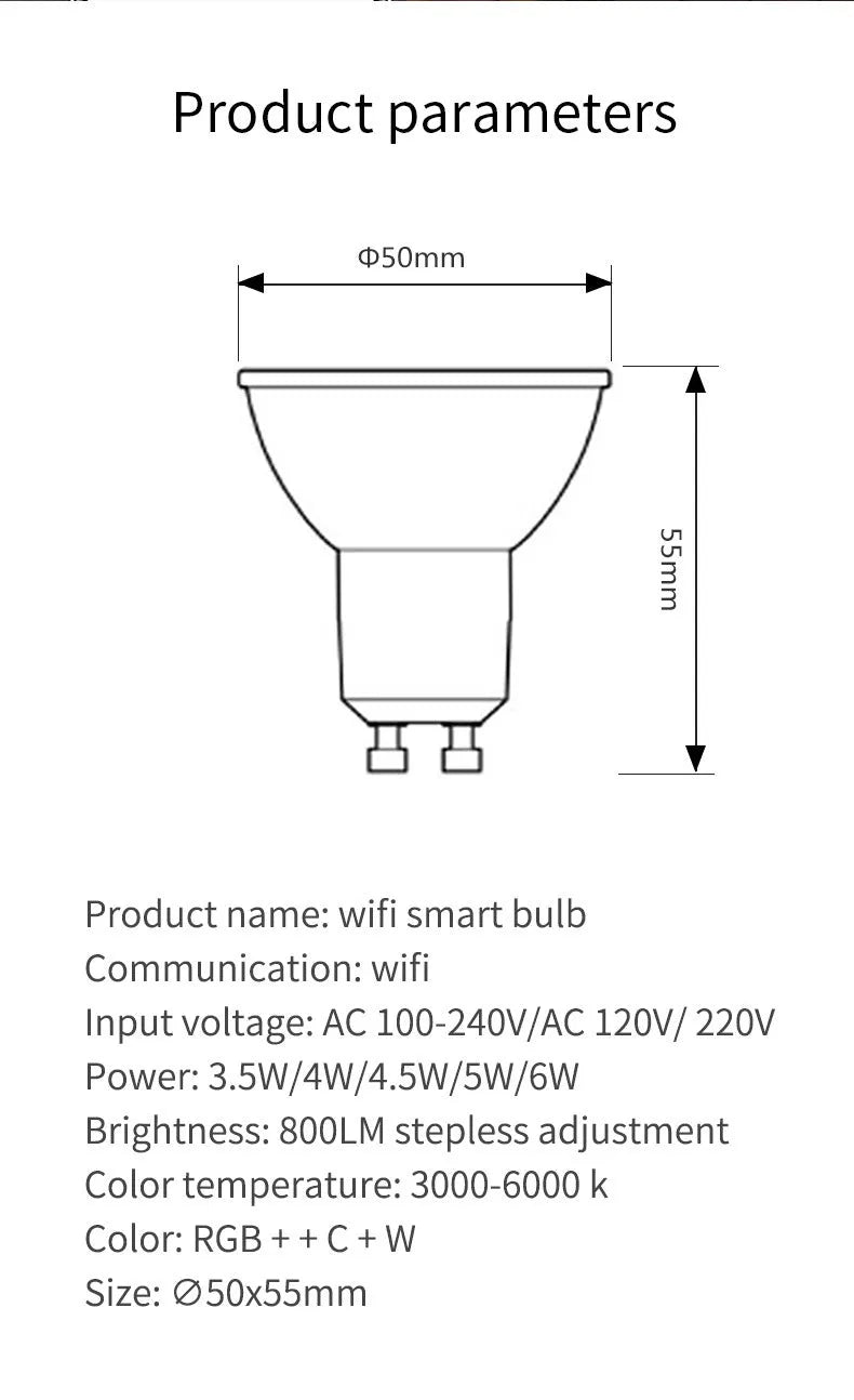 Smart RGBCCT 5W GU10 spotlight with wifi and voice control in 50x55mm compact size