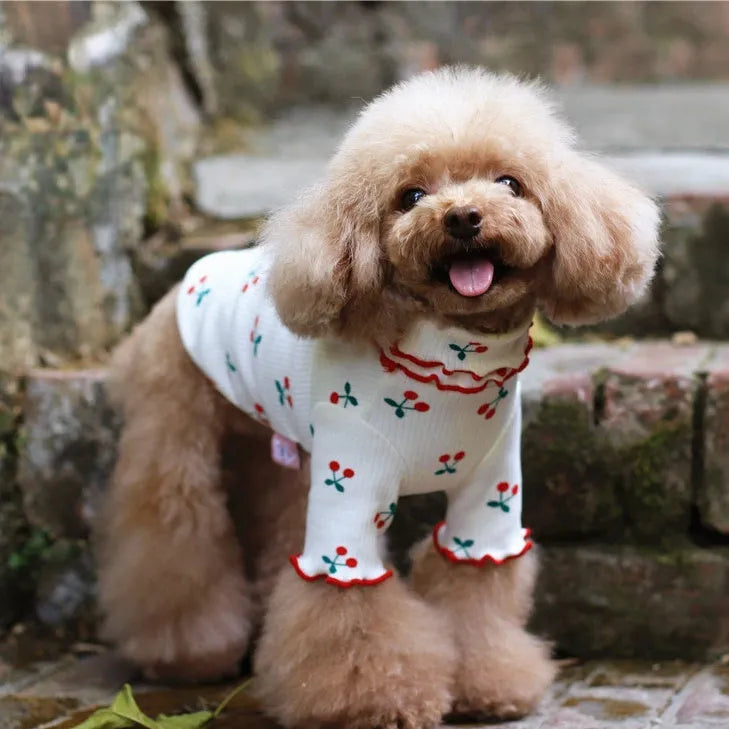 Cotton cherry print wavy edge lapel dog top in blue, white, or pink, two-legged pet clothing