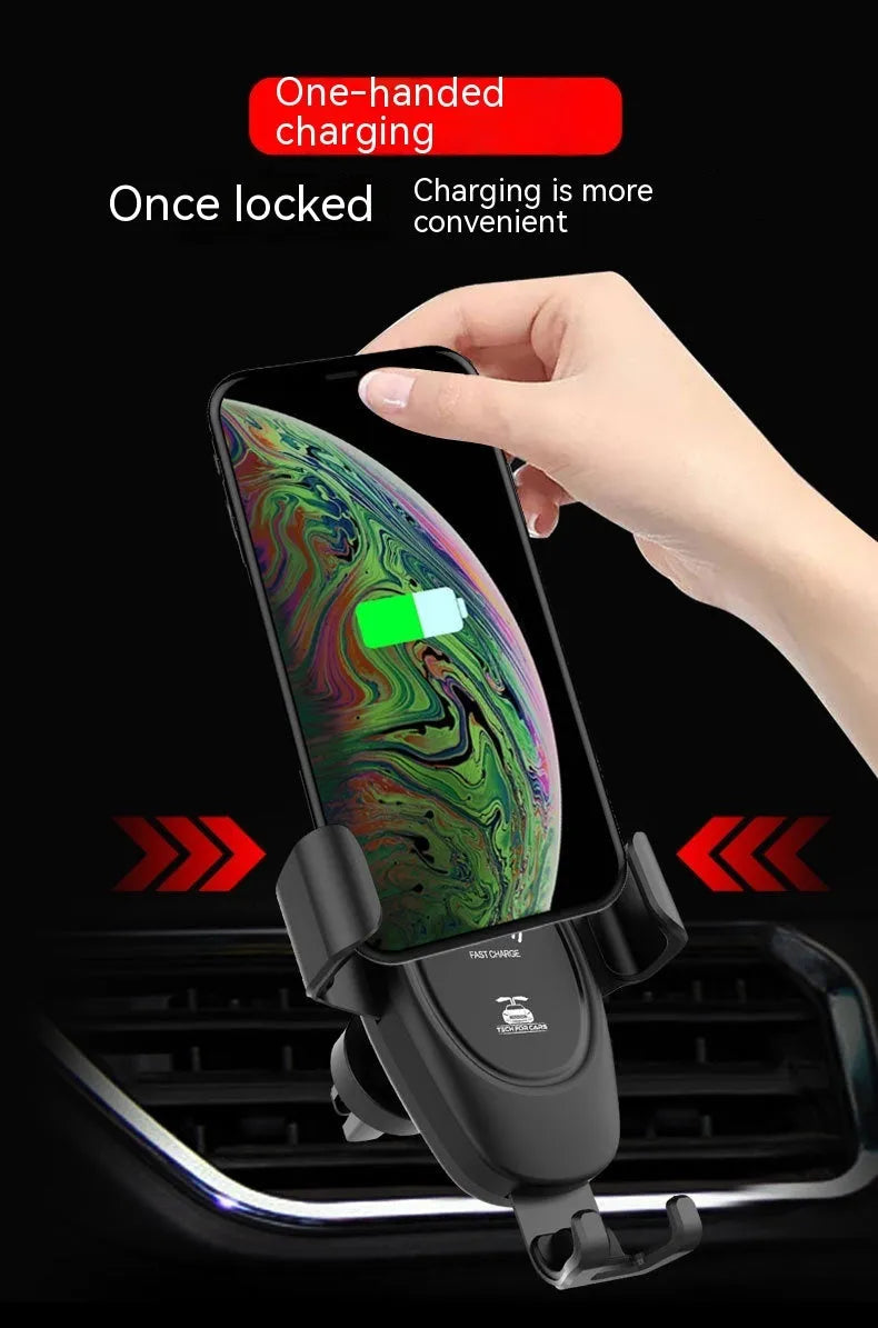 D12 black car wireless charger with air outlet clip, Type-C input, 9.8 x 4.6 x 11cm ABS body