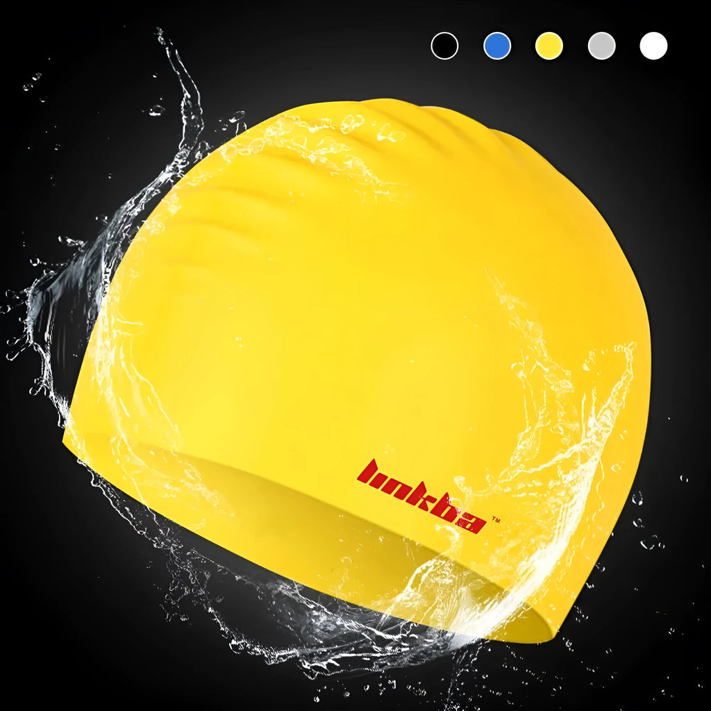 Silicone swimming cap with earmuff design in multiple colours including black, white, yellow, blue and grey