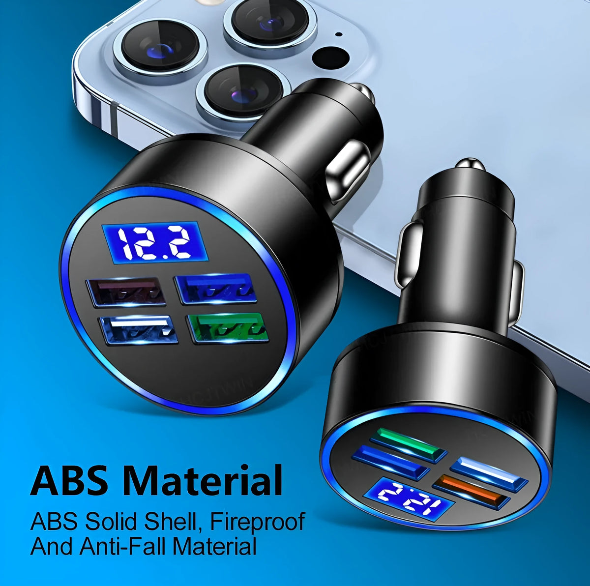 Black four-port USB car charger for vehicle cigarette lighter sockets