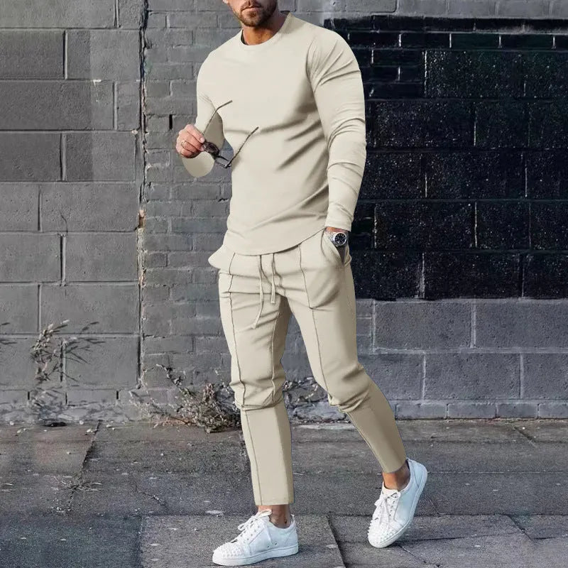 Men's light grey polyester two-piece casual suit with round neck t-shirt and matching trousers