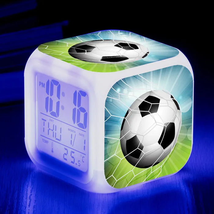 Square football pattern plastic alarm clock with cartoon design for children