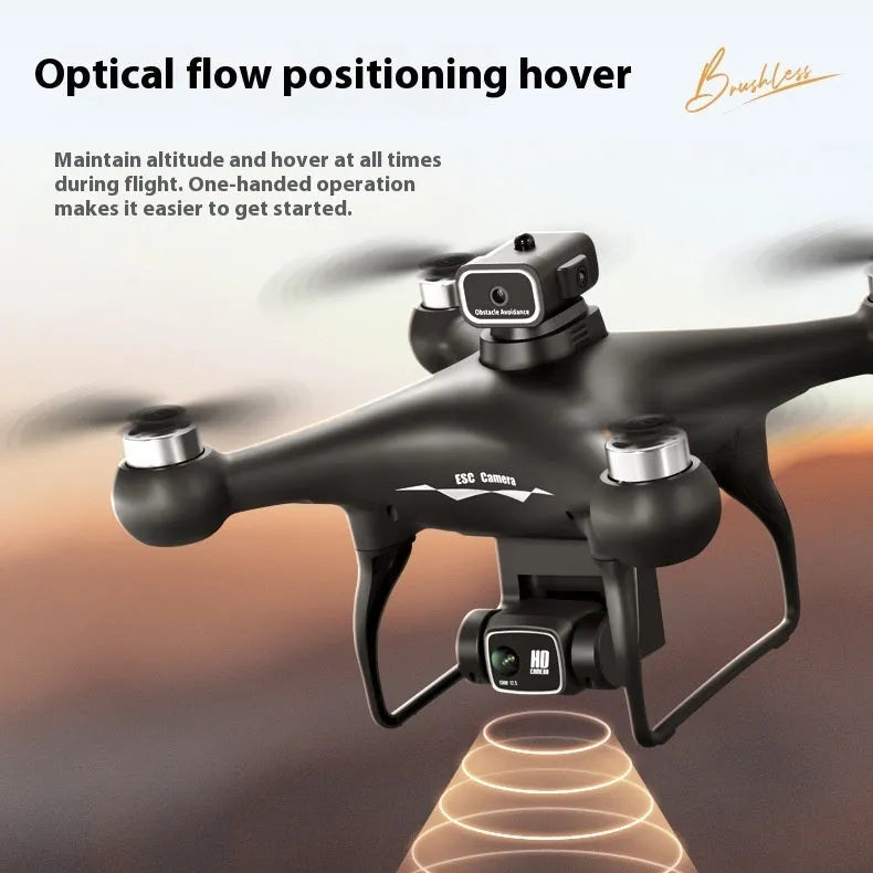 Black S116 brushless toy UAV drone with four propellers, shown with its remote control.