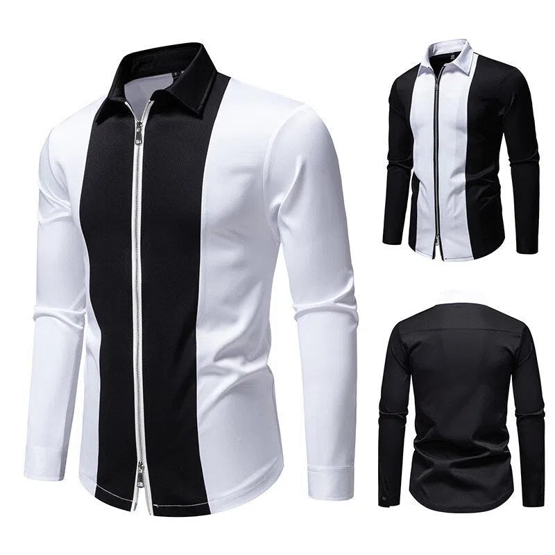 Plus size long sleeve shirt with colour block zipper design in black or white, loose fit, sizes S-XXL