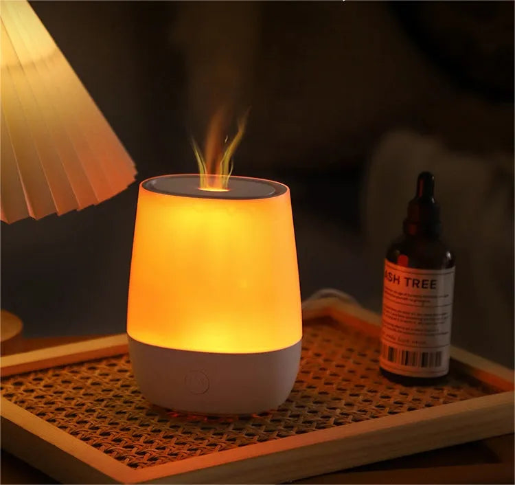 White USB aroma diffuser humidifier with simulated flame effect and Type-C connection