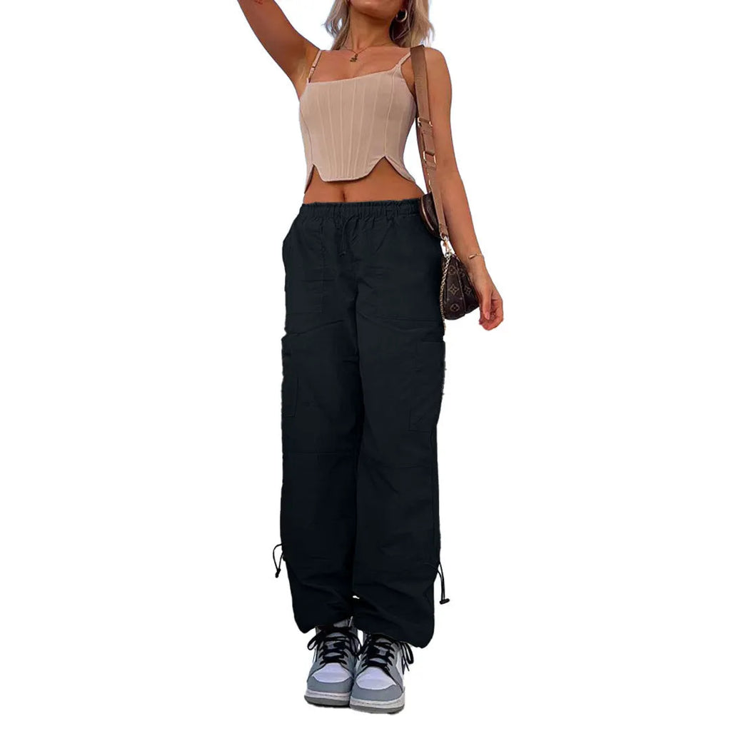 Straight leg multi-pocket cargo casual pants in polyester, shown in a neutral colour with a loose fit.