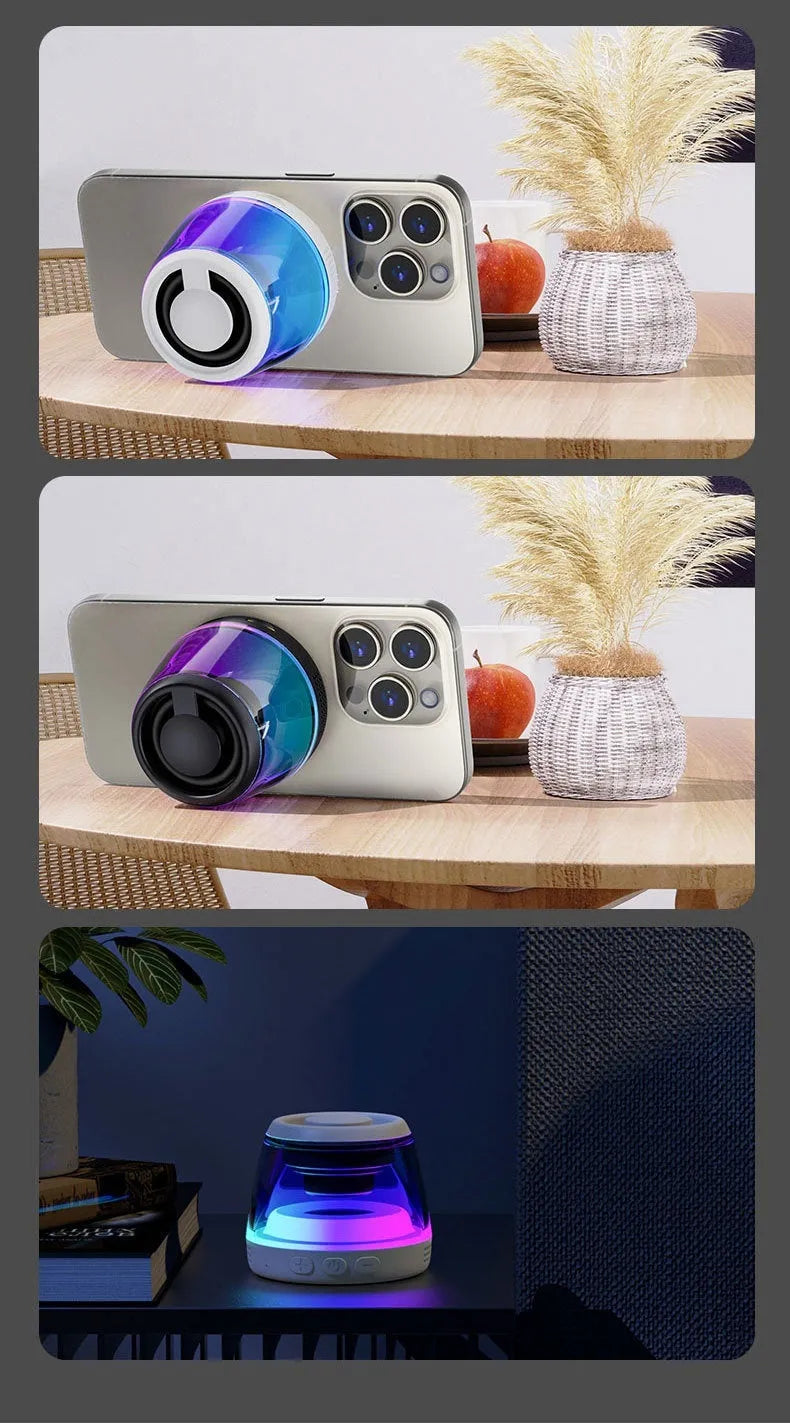 Portable wireless Bluetooth mini speaker with magnetic base and ambient lighting in black or white colour