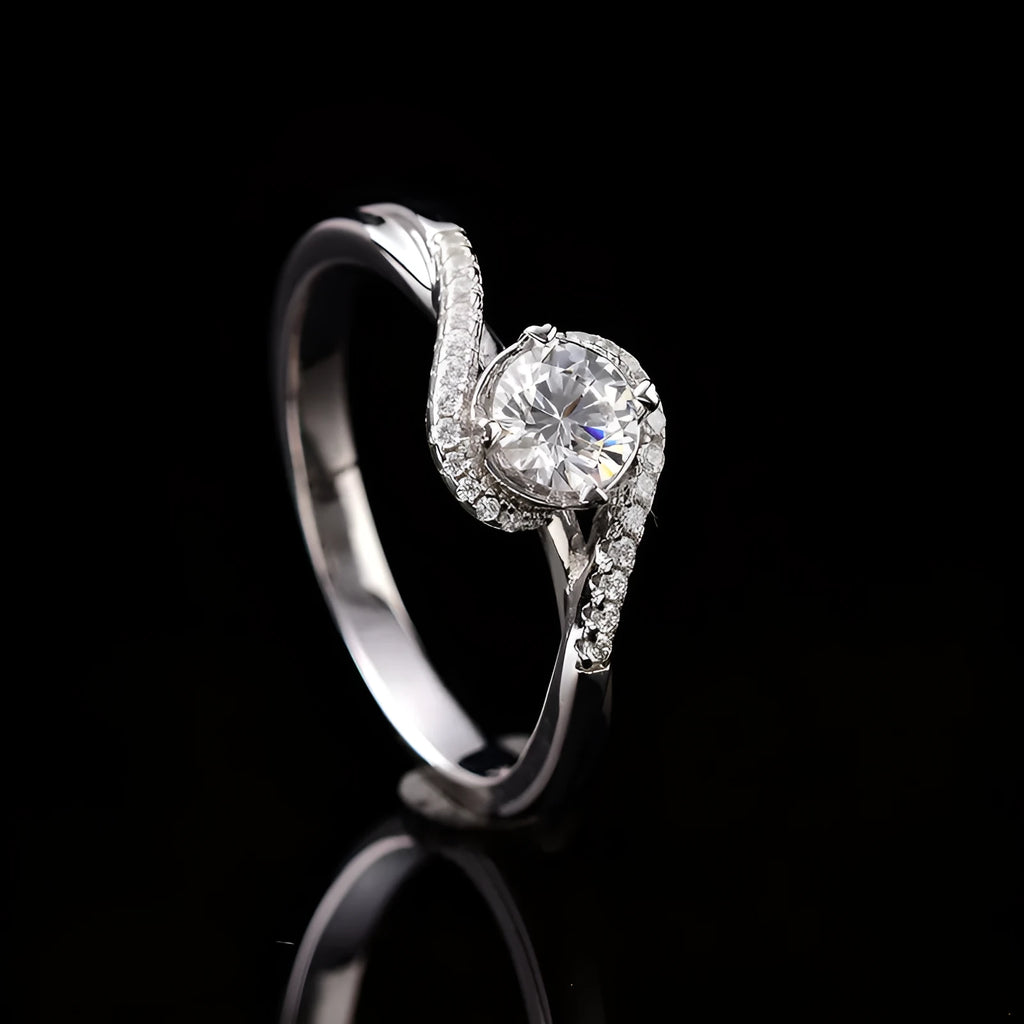 Silver geometric synthetic moissanite ring with adjustable opening showing 8mm stone