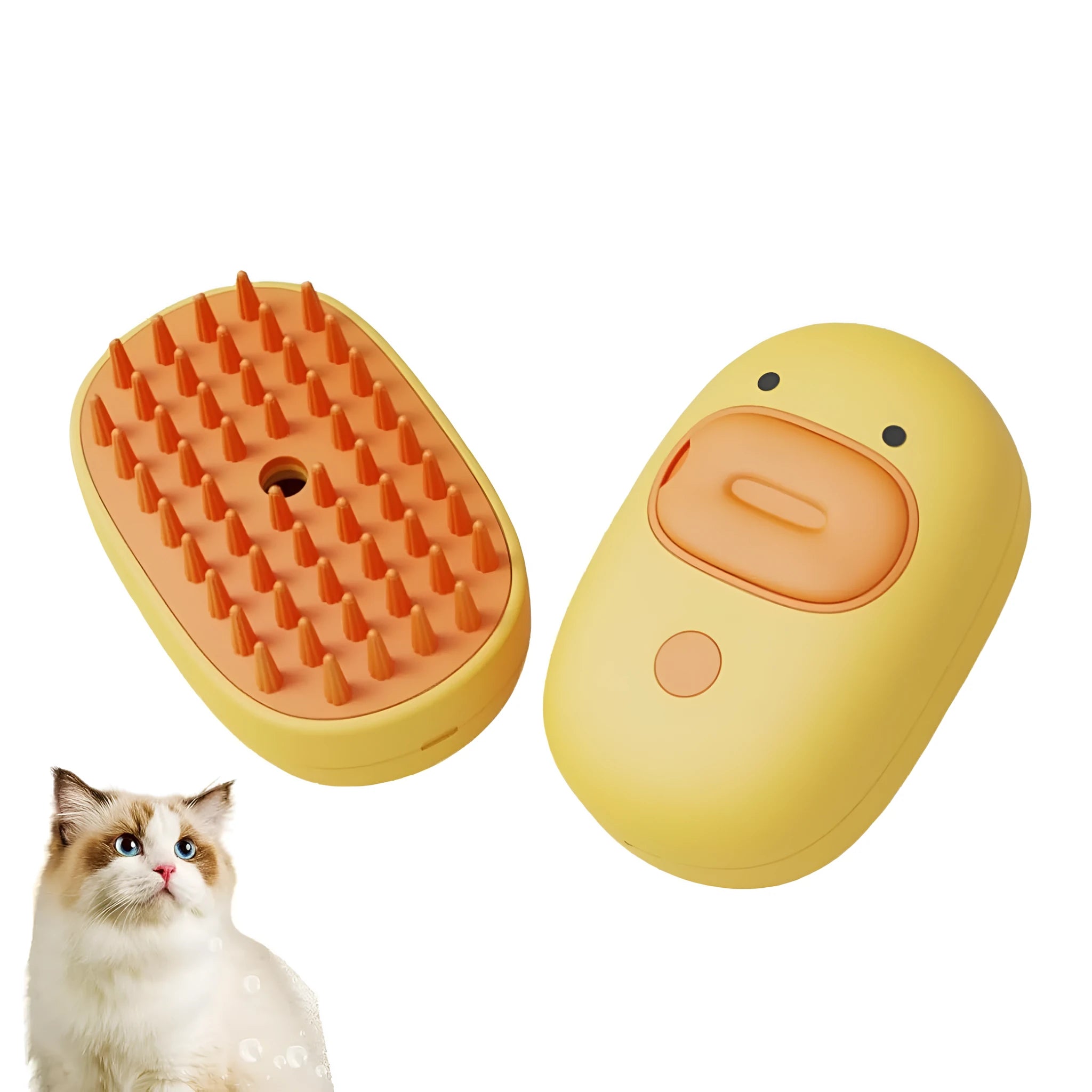 White or yellow rechargeable pet steam brush for grooming dogs and cats.