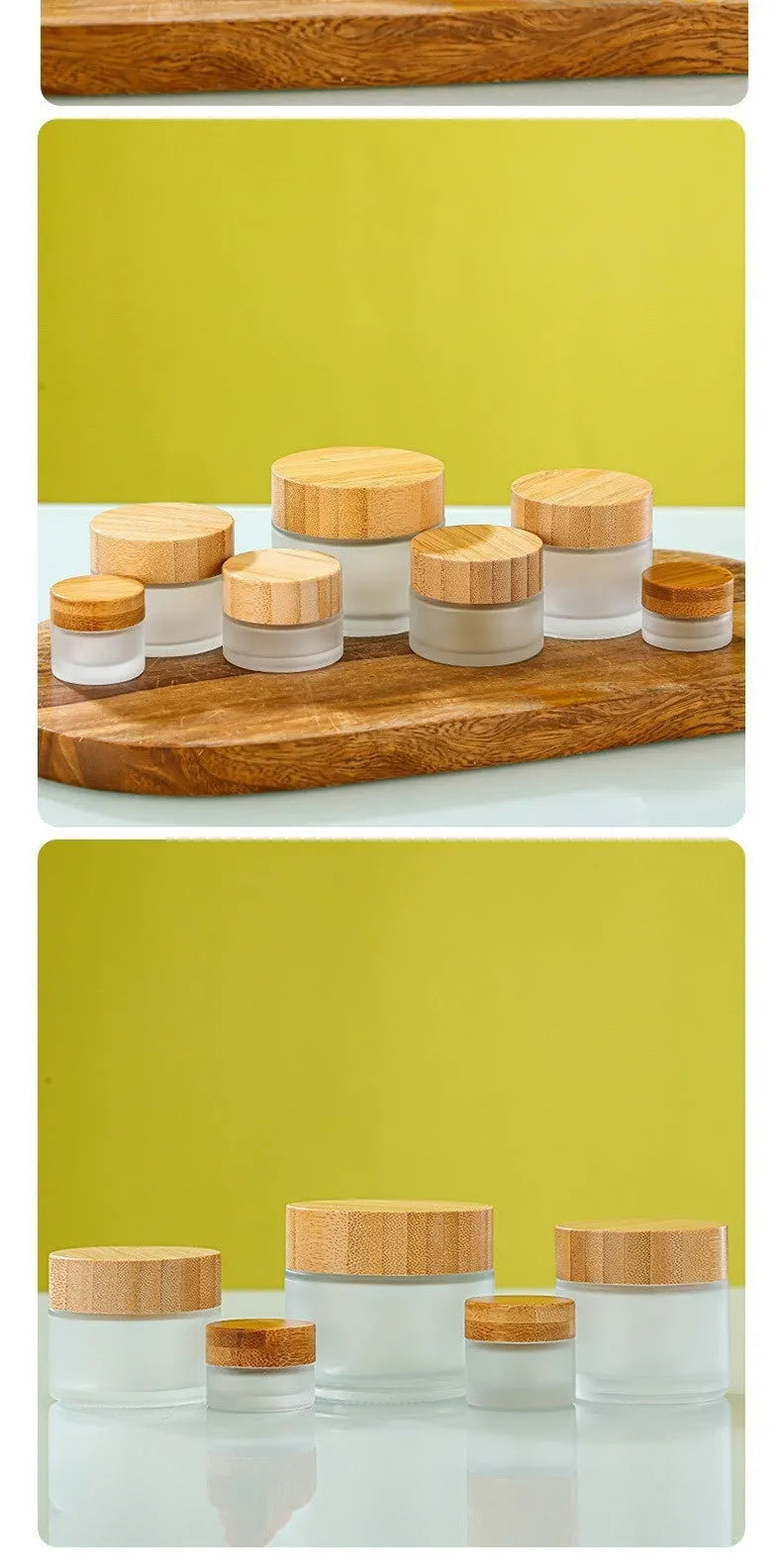 Bamboo wood cover frosted glass cream bottle with inner cushion, shown in transparent and frosted, 50g 60g 100g.