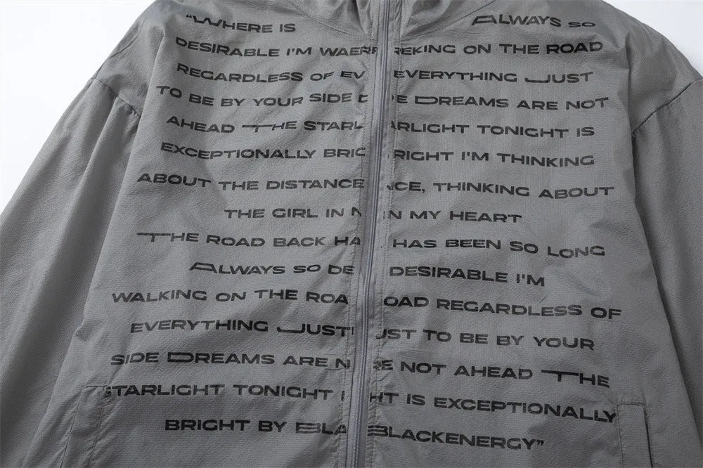 Men's gray nylon sun protection jacket with English letter print, front view, leisure outdoor wear