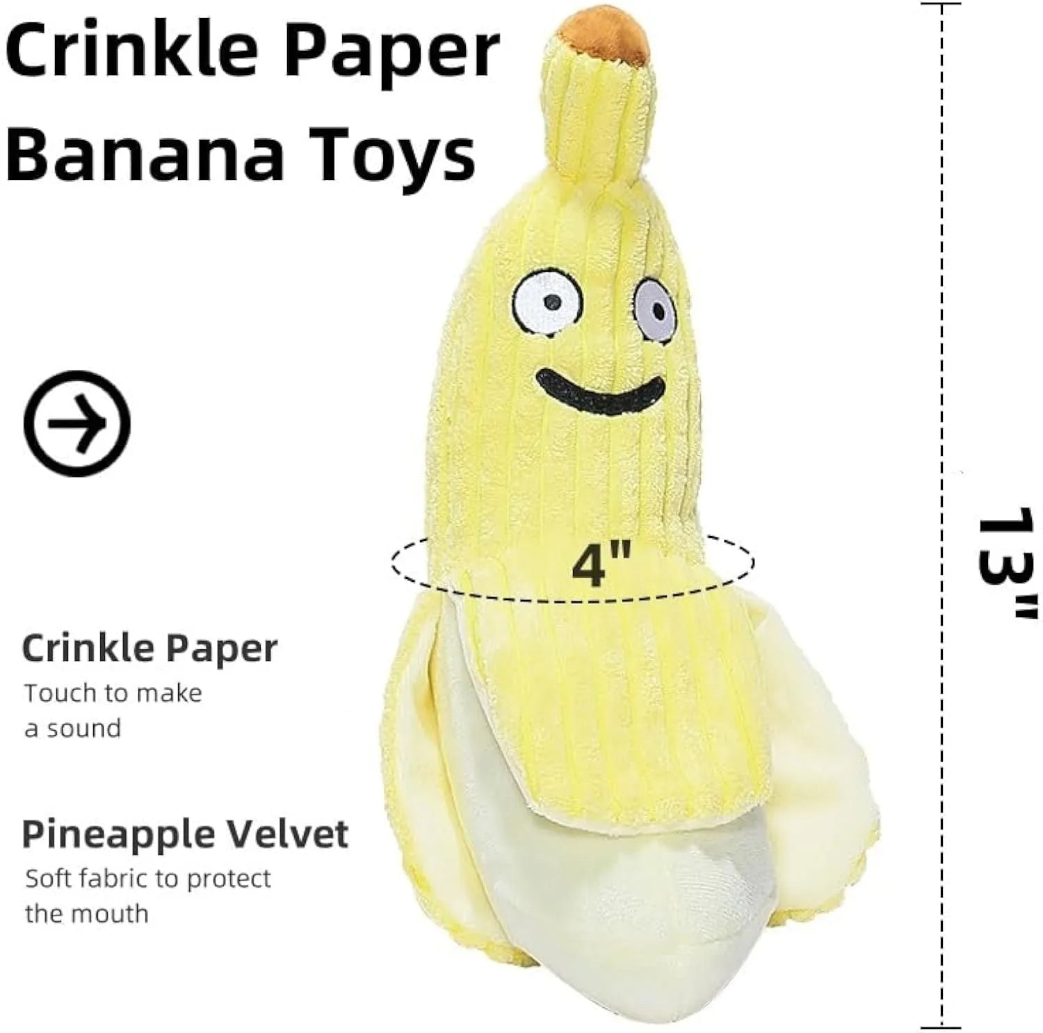 Yellow banana-shaped plush cat toy with crinkle sound, measuring 13 inches long.