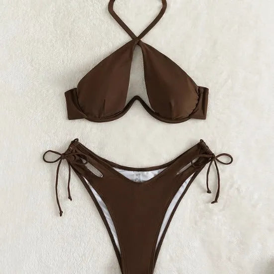 Women's solid colour halter bikini with backless briefs in black, blue, or brown