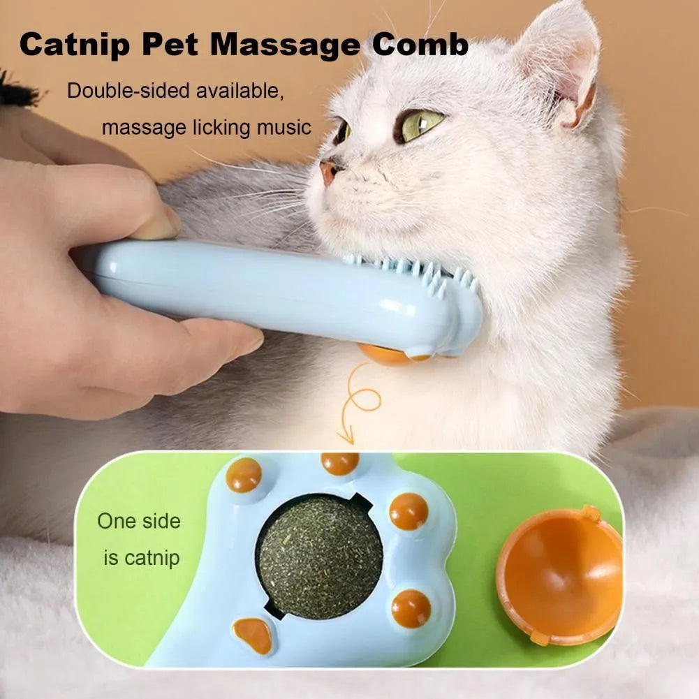 Cartoon-style dual-purpose cat toy showing massage comb attached to a catnip compartment with a dust-proof cover