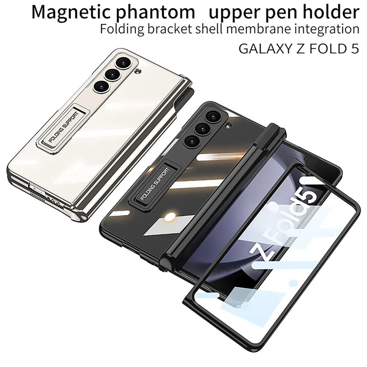 Electroplating transparent phantom magnetic hinge pen holder phone case for Samsung Z Fold 5 in Holiday Blue, PC hard shell with bracket and shockproof protection.