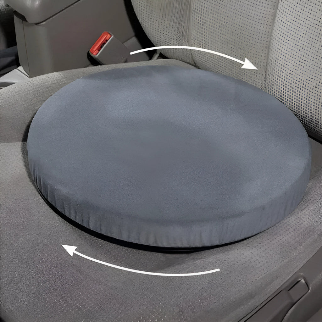 Circular car seat cushion with rotation feature showing short plush cloth cover and 40cm diameter
