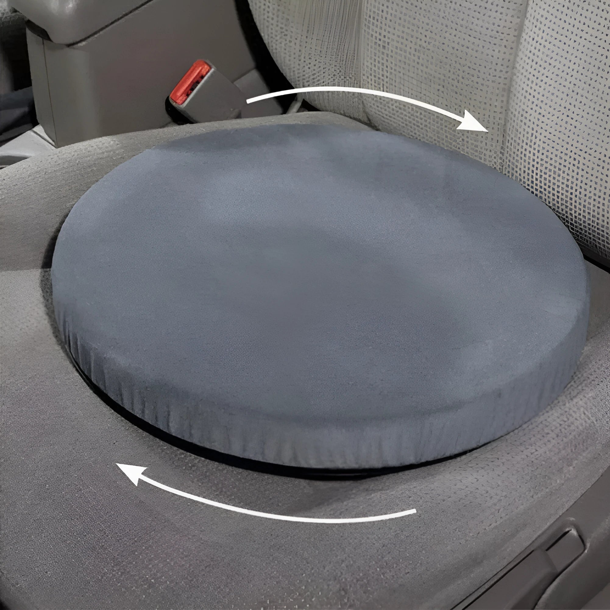 Circular car seat cushion with rotation feature showing short plush cloth cover and 40cm diameter