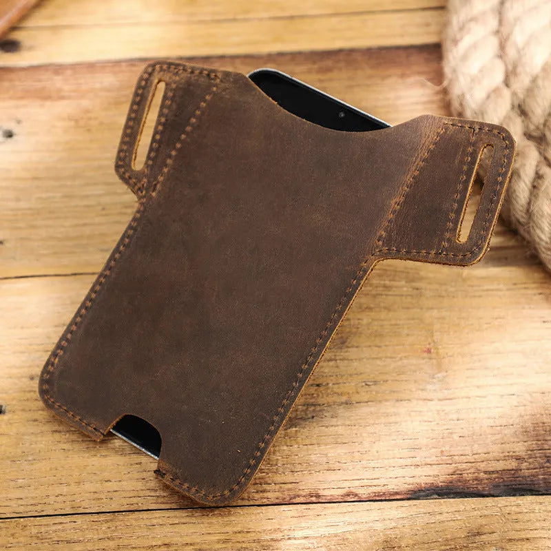 Crazy Horse genuine leather belt phone case in brown, belt-fitting iPhone holster with patterned leather finish