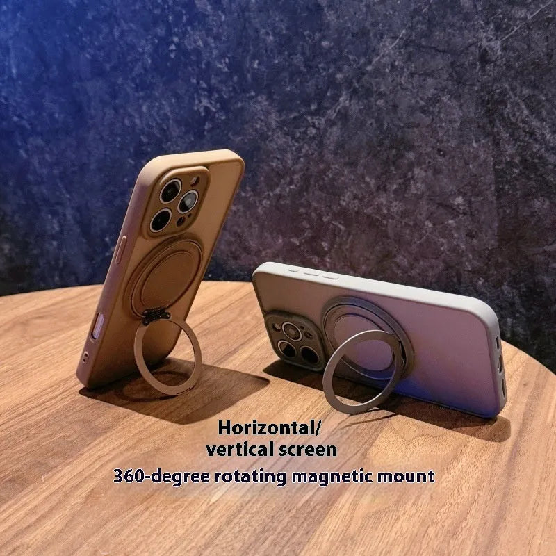 Magnetic suction pivot phone case with invisible bracket for iPhone 14 15 16 in transparent frosted TPU PC
