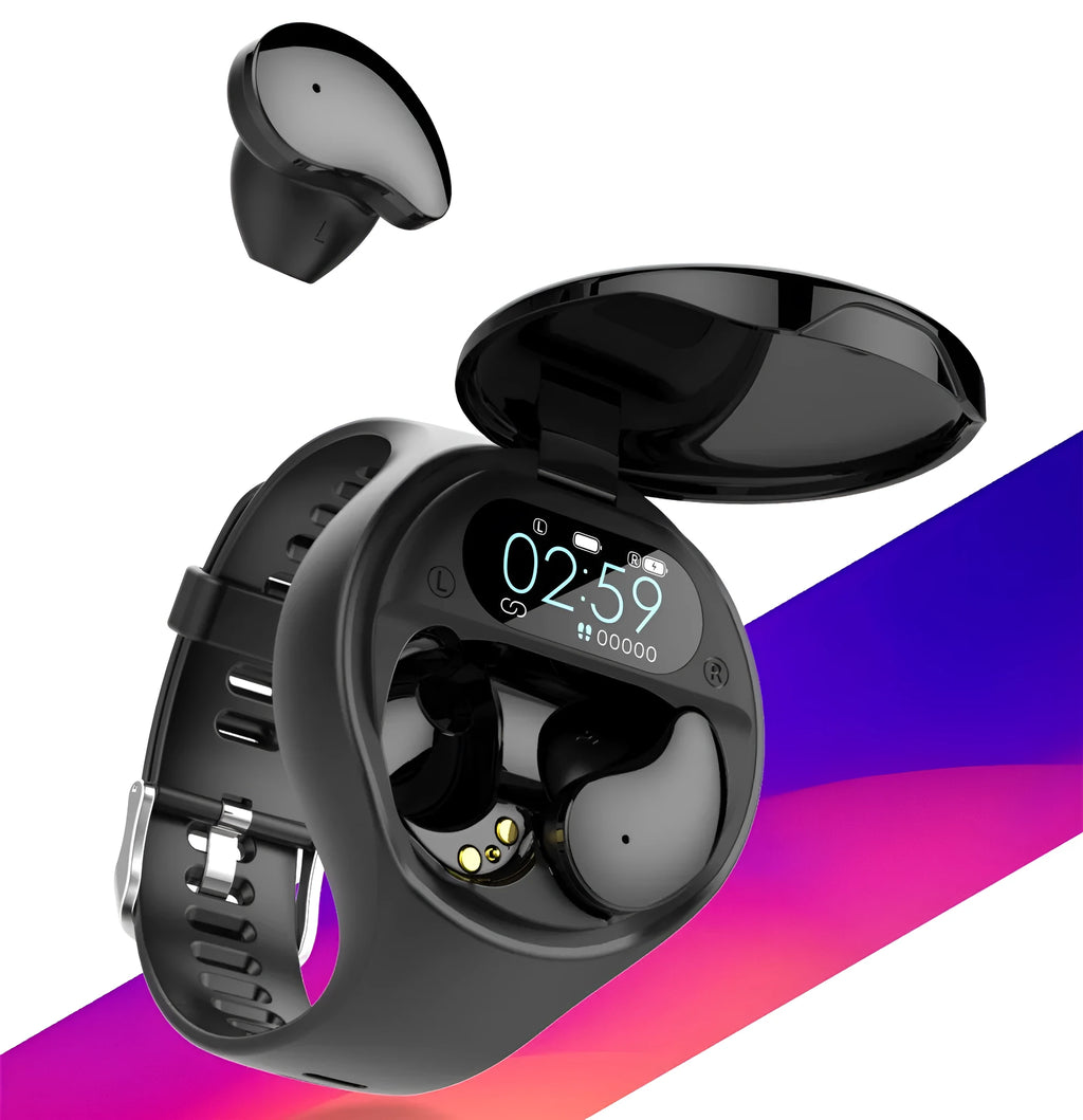 Black smart fitness bracelet with detachable TWS Bluetooth earbuds on a wrist, showing a colour screen display.