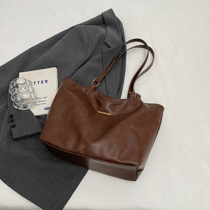 Large capacity PU tote bag for women, 39x29x13cm, zip top, double shoulder straps, Beige Black Brown Coffee