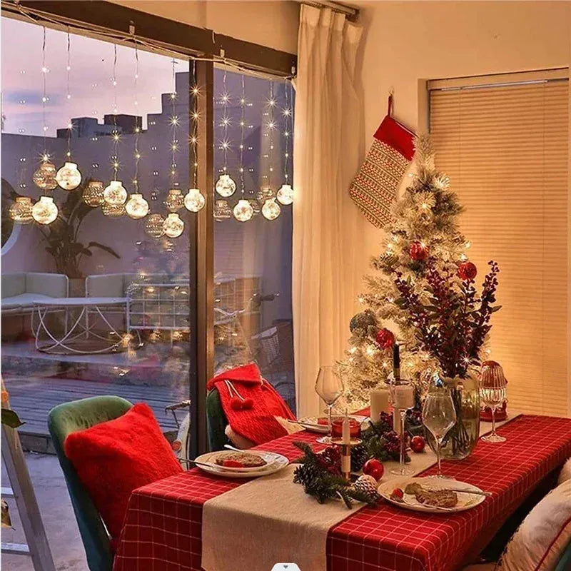 LED Christmas curtain lamp string with 10 fairy light ball decorations showing snowman, Christmas tree, and elder designs