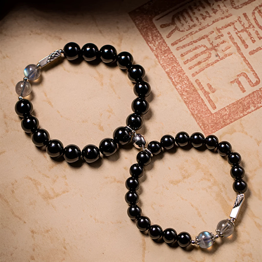 Obsidian Buddha beads couple bracelet DIY set with 8mm and 10mm national style gemstone beads