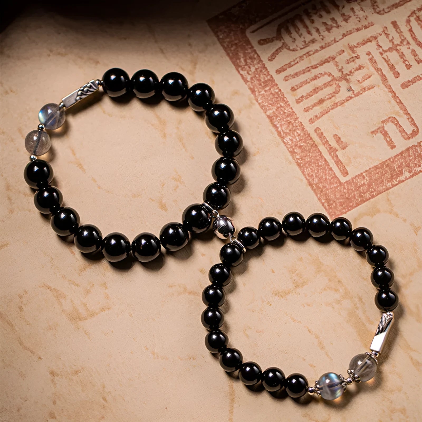 Obsidian Buddha beads couple bracelet DIY set with 8mm and 10mm national style gemstone beads