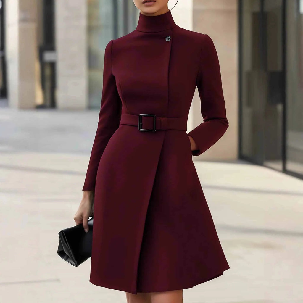 Women's long sleeve bohemian dress with stand collar and high waist in black colour