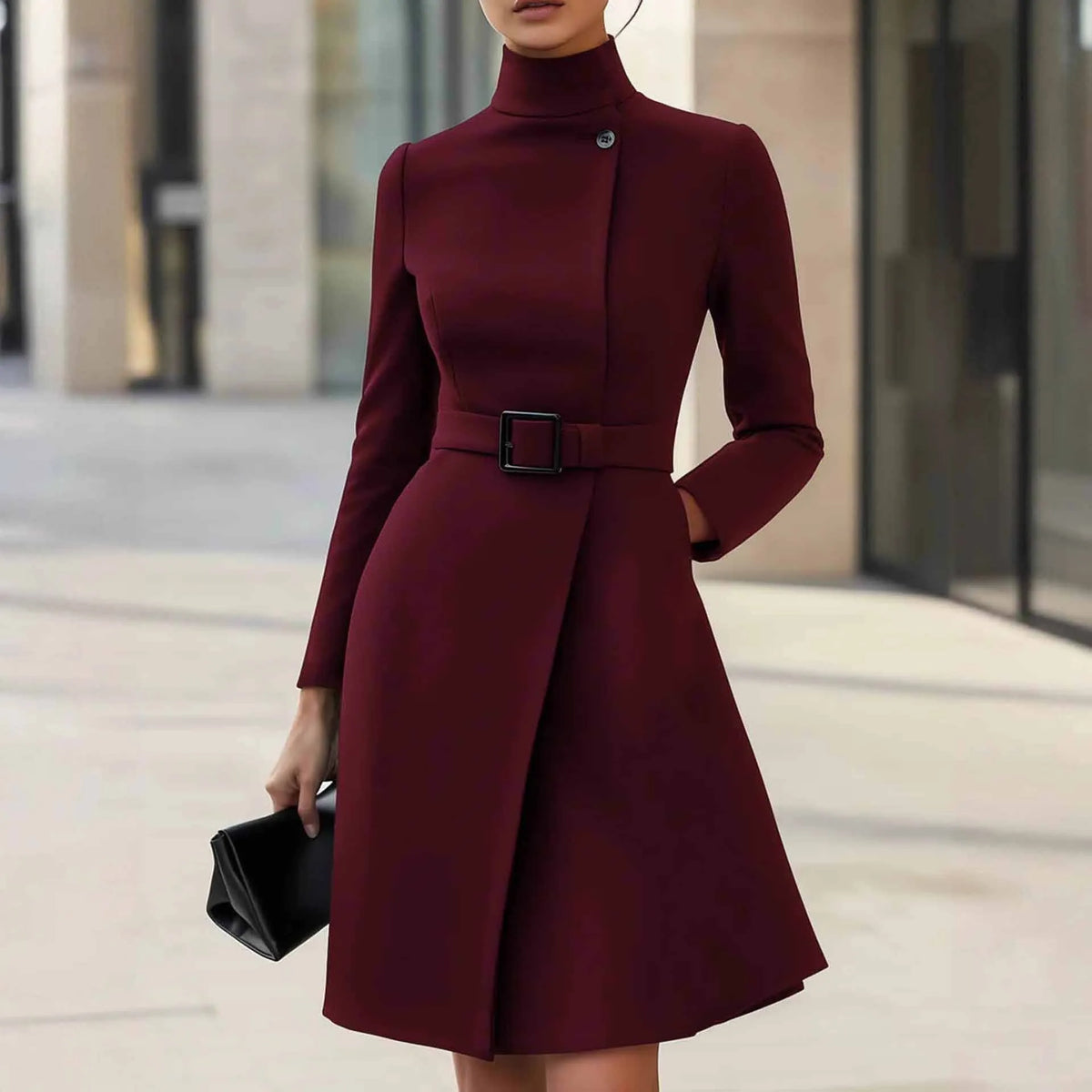 Women's long sleeve bohemian dress with stand collar and high waist in black colour