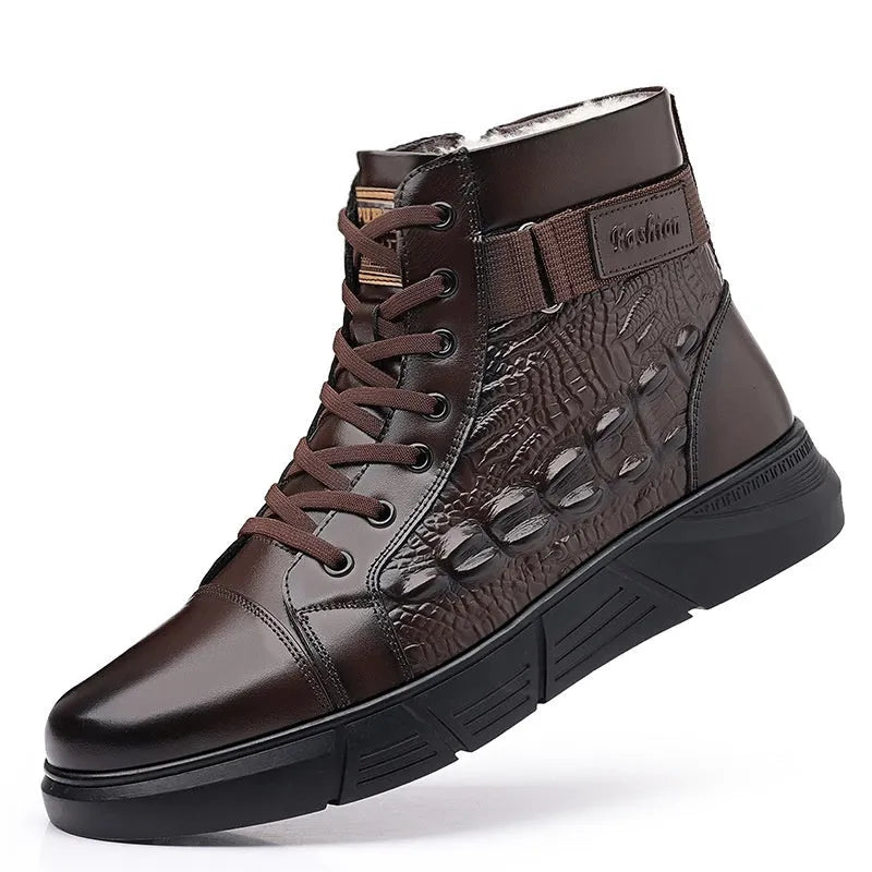 Women's black genuine leather snow boots with fur lining and velvet trim, front lace-up design