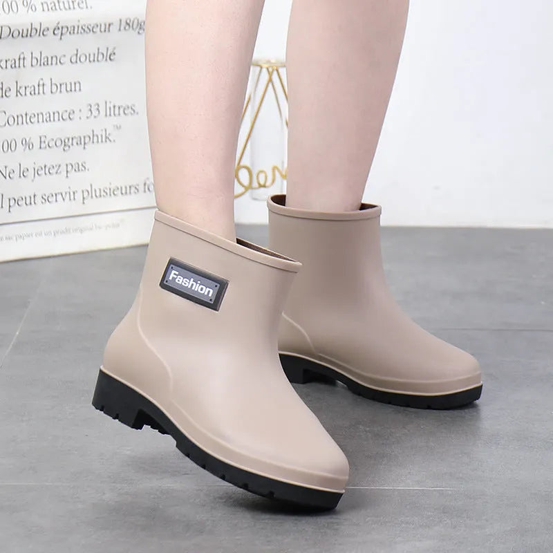 Women's mid-calf rain boots in black and brown with low heel and warm lining options